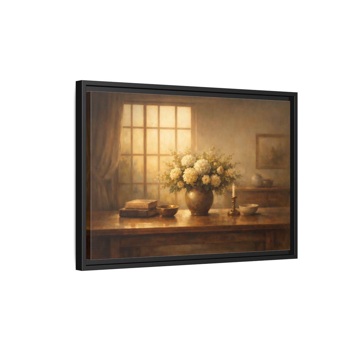 Side Mockup 3. Floral Floral Arrangement Warm Tones shown as stretched canvas wall art
