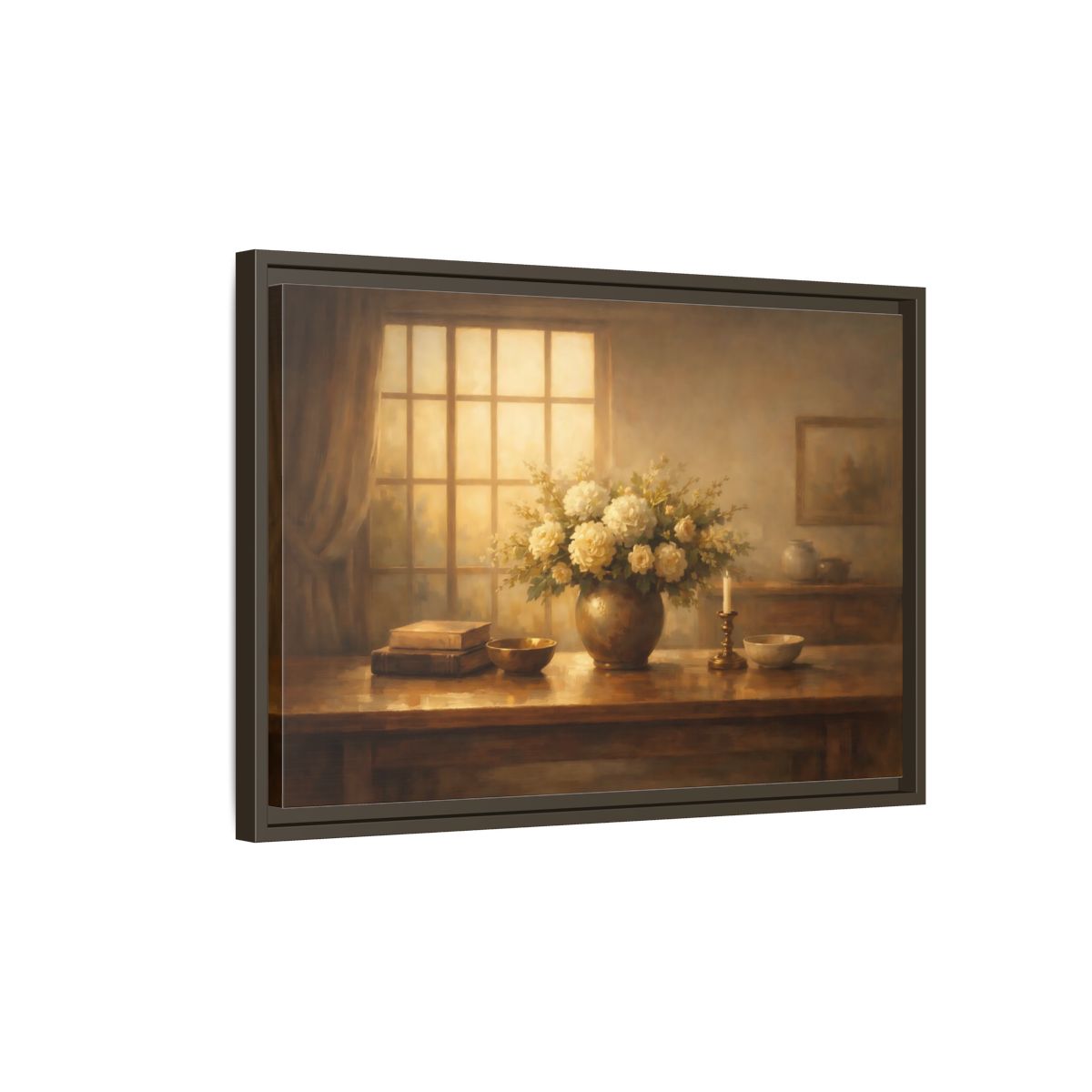 Side Mockup 2. Floral Floral Arrangement Warm Tones shown as stretched canvas wall art