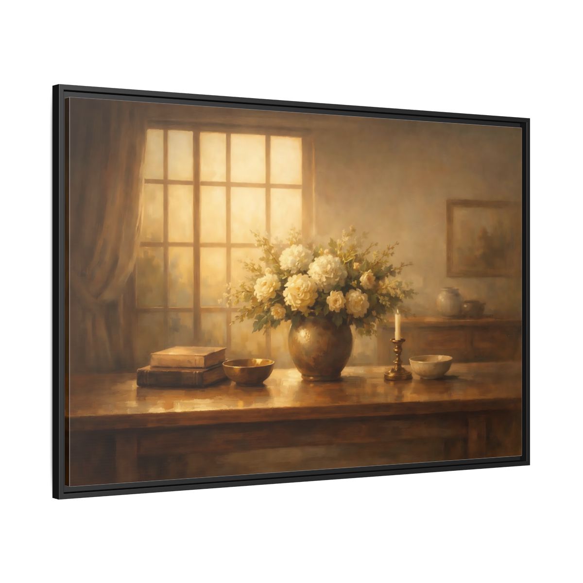 Side Mockup 12. Floral Floral Arrangement Warm Tones shown as stretched canvas wall art