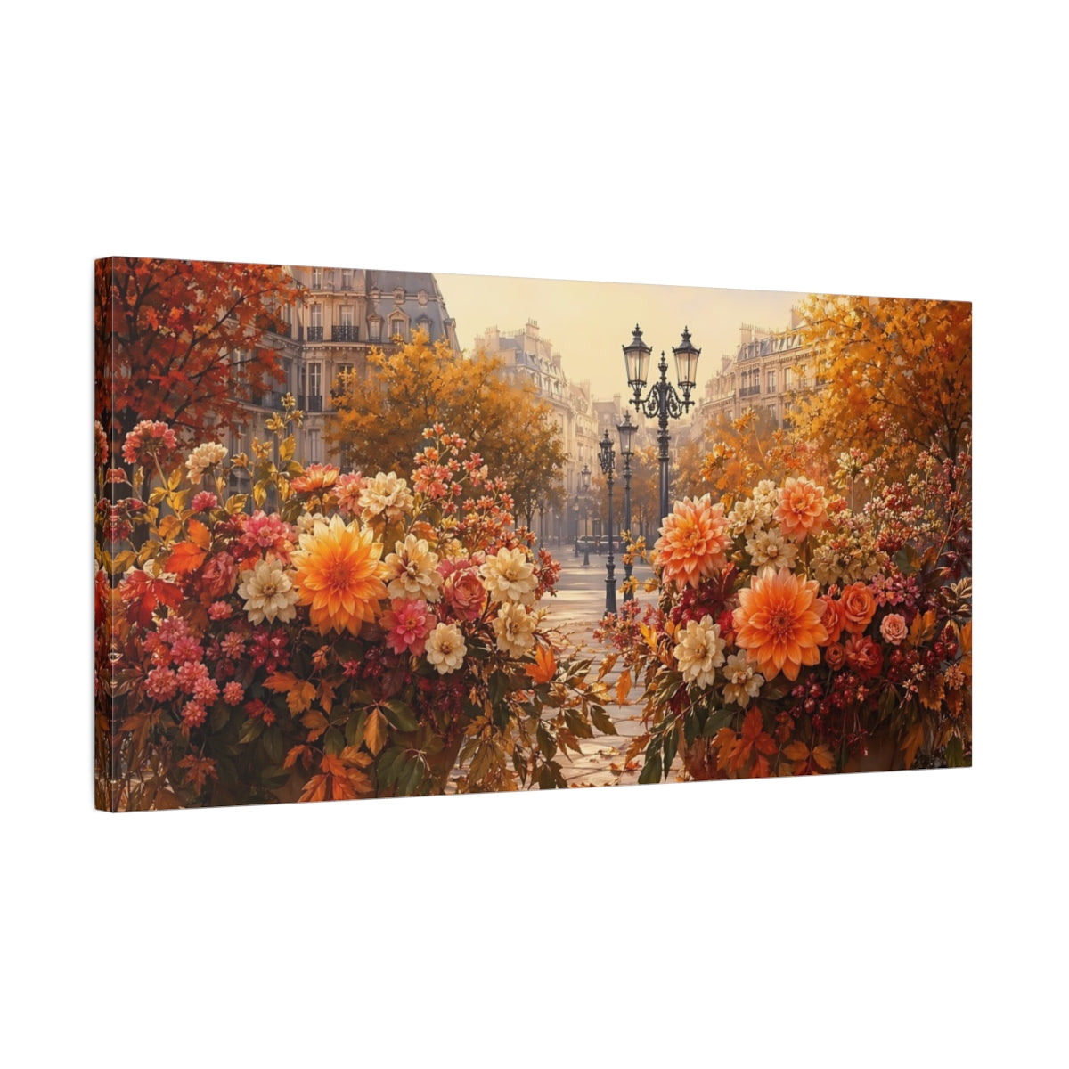 Side Mockup 1. Floral Floral Arrangements Autumn City Floral shown as stretched canvas wall art
