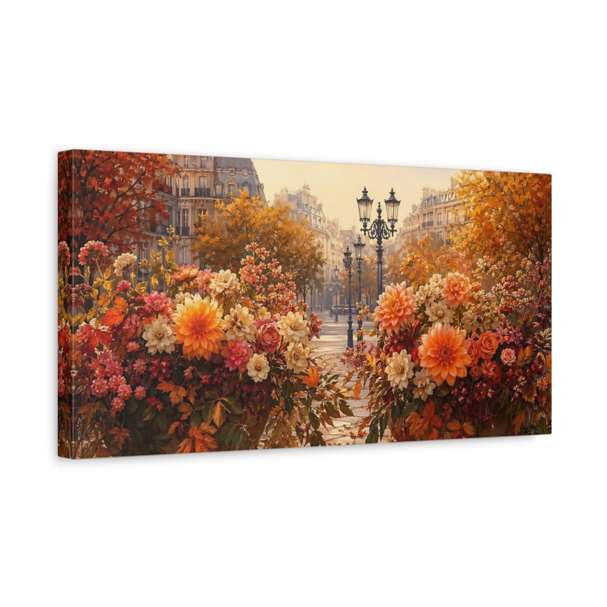 Side Mockup 3. Floral Floral Arrangements Autumn City Floral shown as stretched canvas wall art