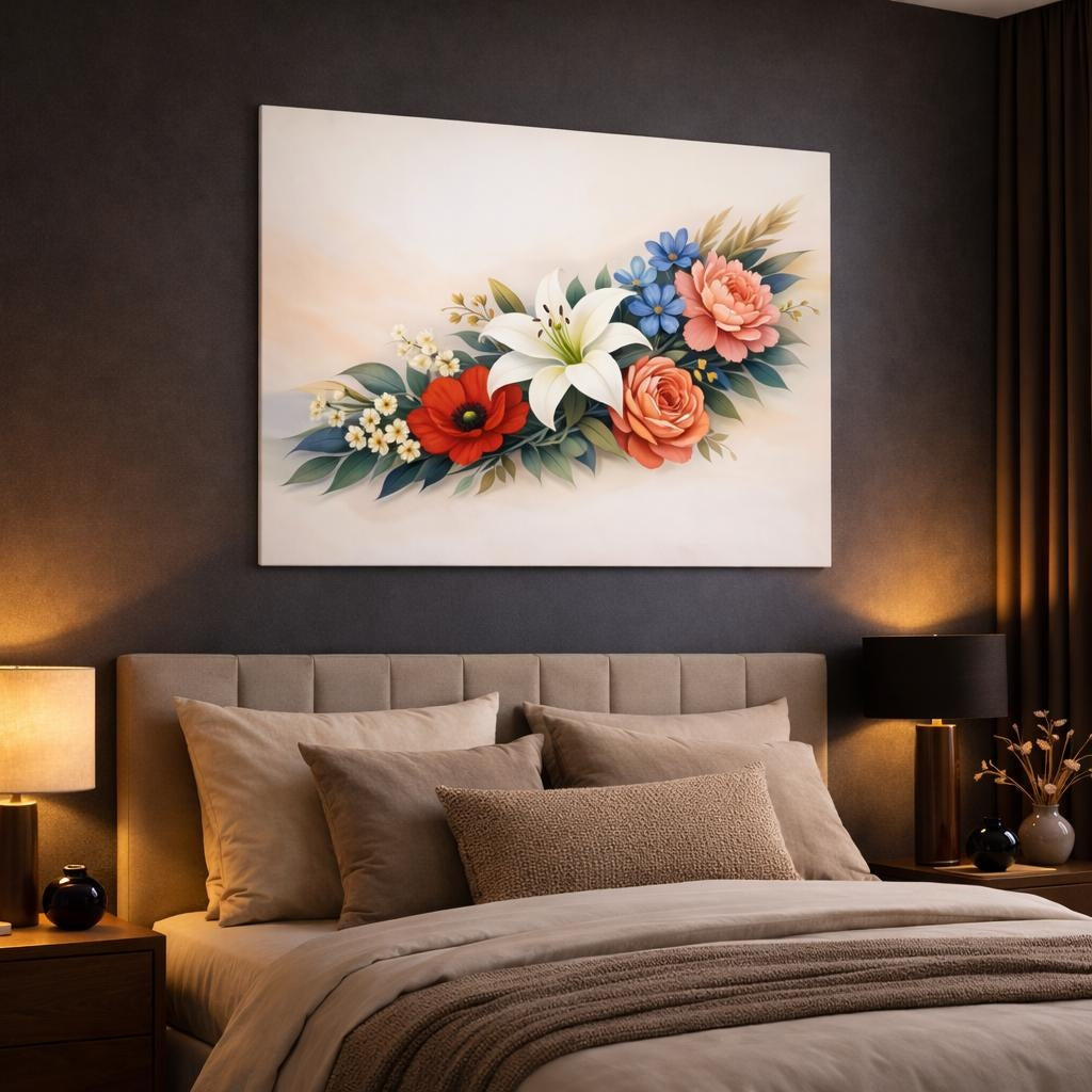 Floral Artistic Flow shown as canvas wall art in a luxury bedroom