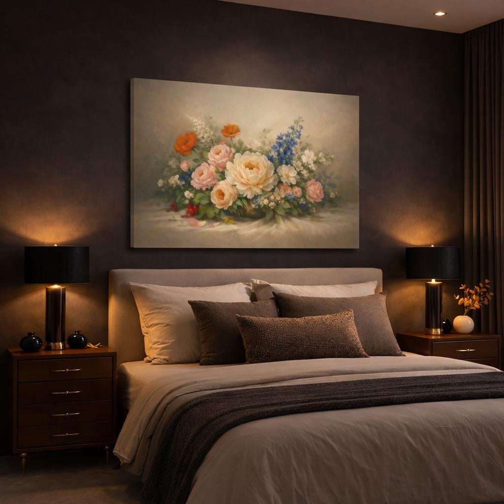 Floral Artistic Flow shown as canvas wall art in a luxury bedroom