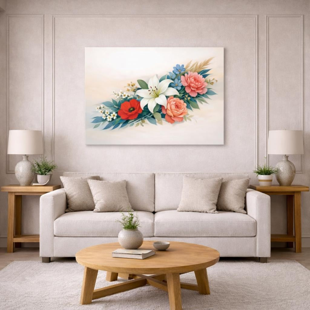 Floral Artistic Flow shown as canvas wall art in a modern living room