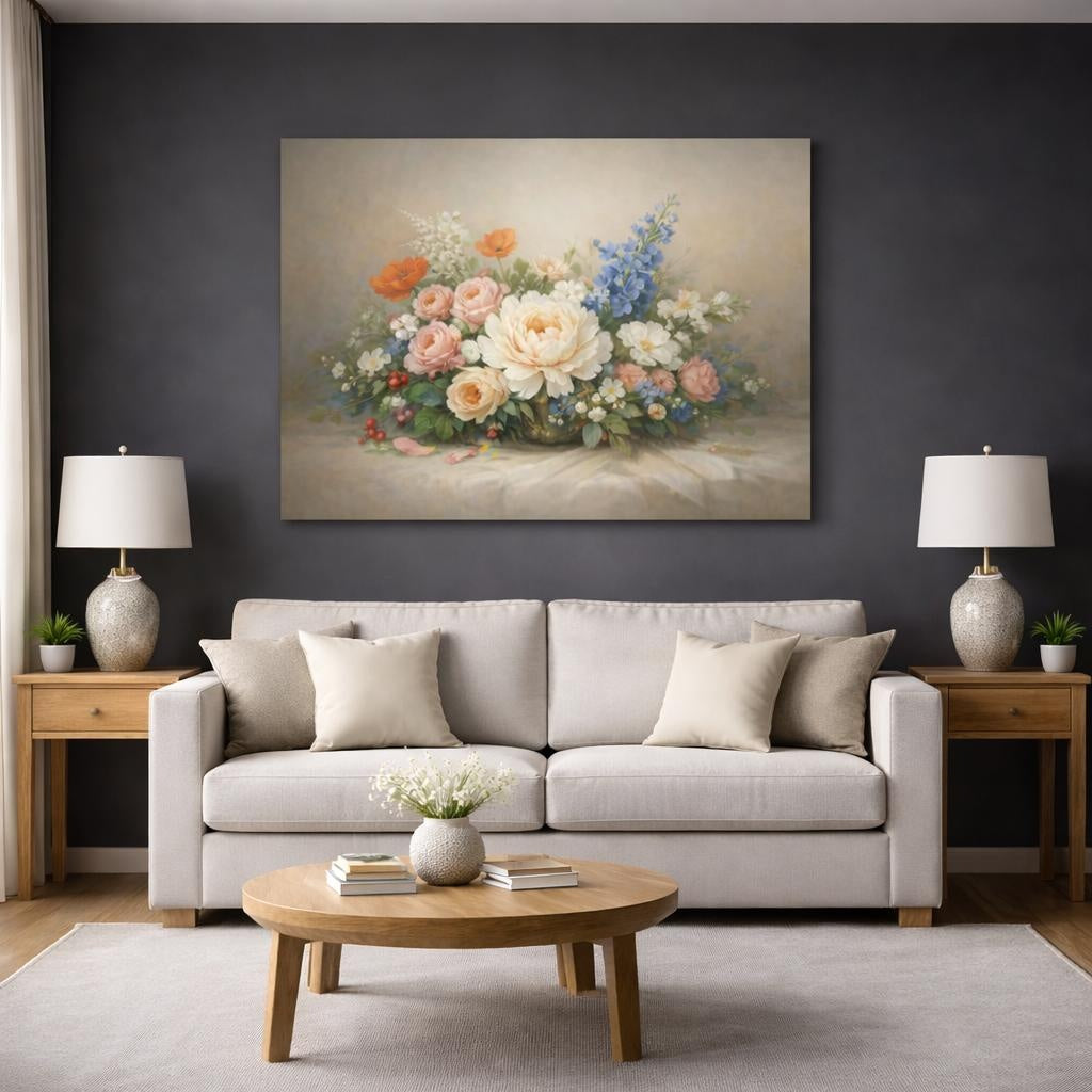 Floral Artistic Flow shown as canvas wall art in a modern living room