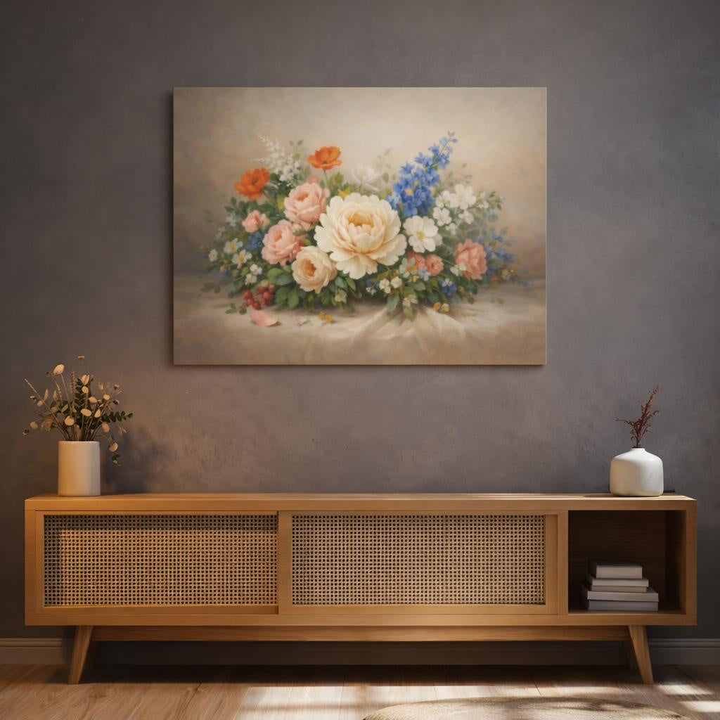 Floral Artistic Flow shown as canvas wall art in a refined dining room