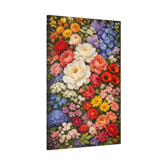 Main Mockup. Floral Assorted Flowers Colorful Floral shown as stretched canvas wall art