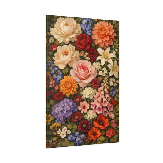 Main Mockup. Floral Assorted Flowers Colorful Floral shown as stretched canvas wall art