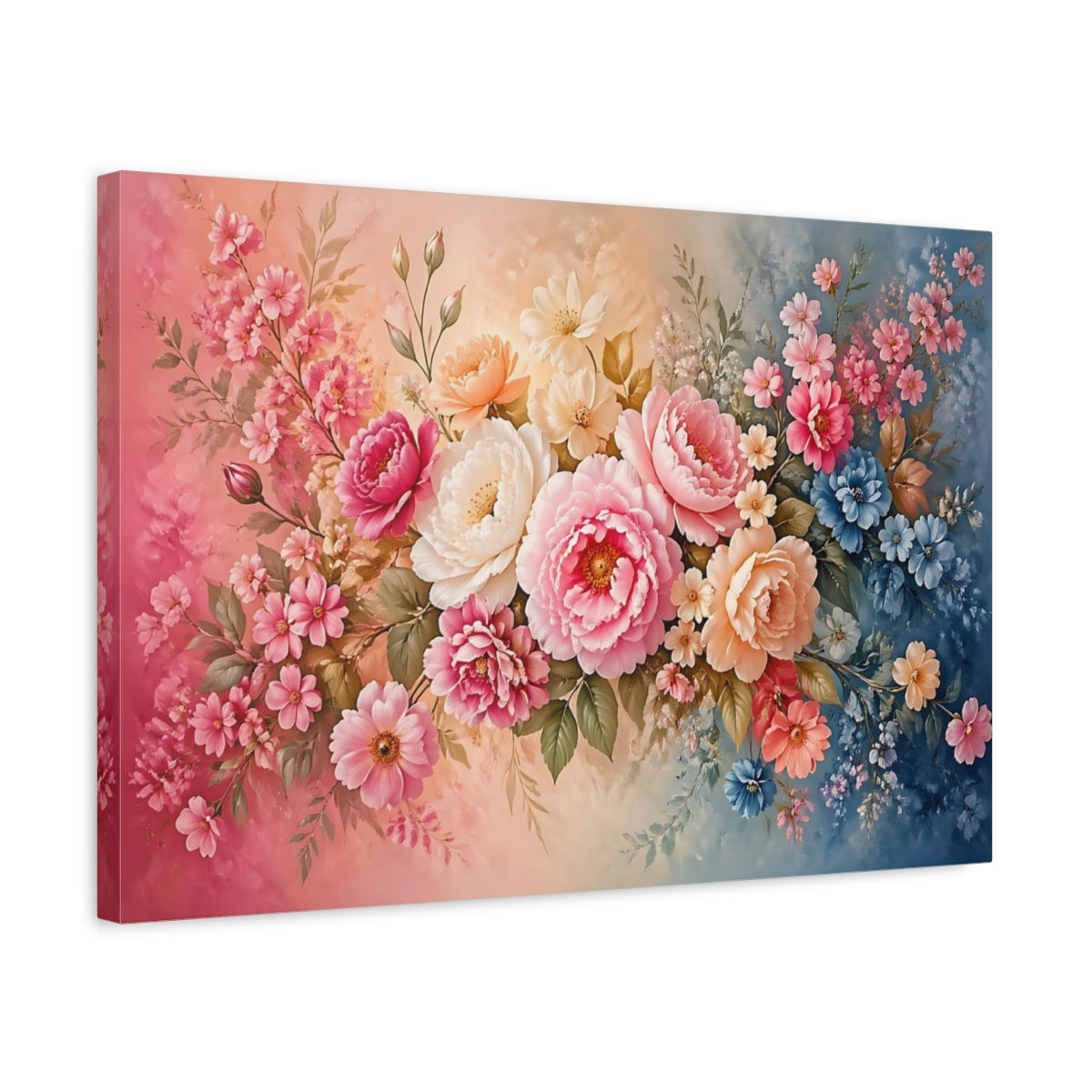 Side Mockup 3. Floral Assorted Flowers Pink And Blue Floral shown as stretched canvas wall art