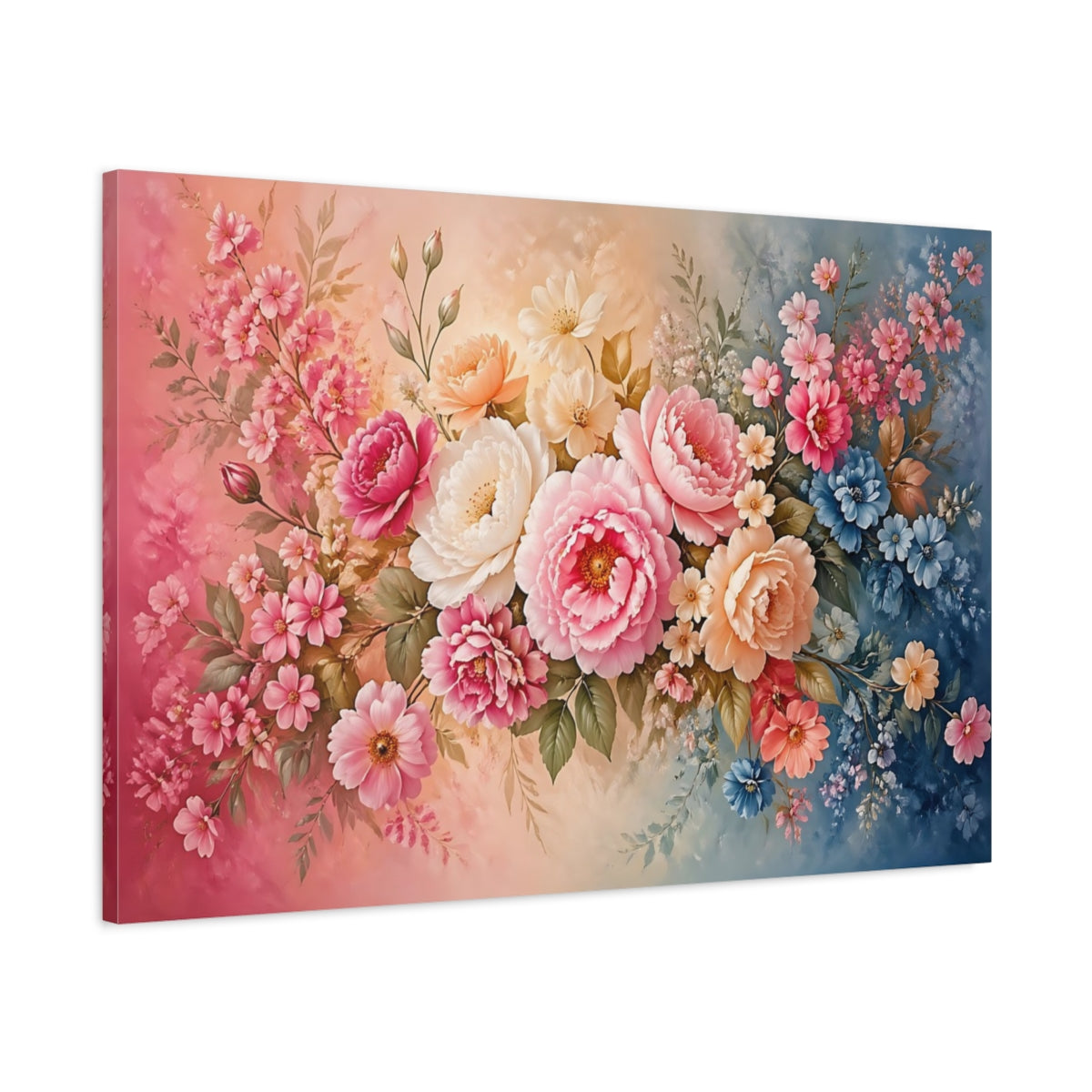 Main Mockup. Floral Assorted Flowers Pink And Blue Floral shown as stretched canvas wall art
