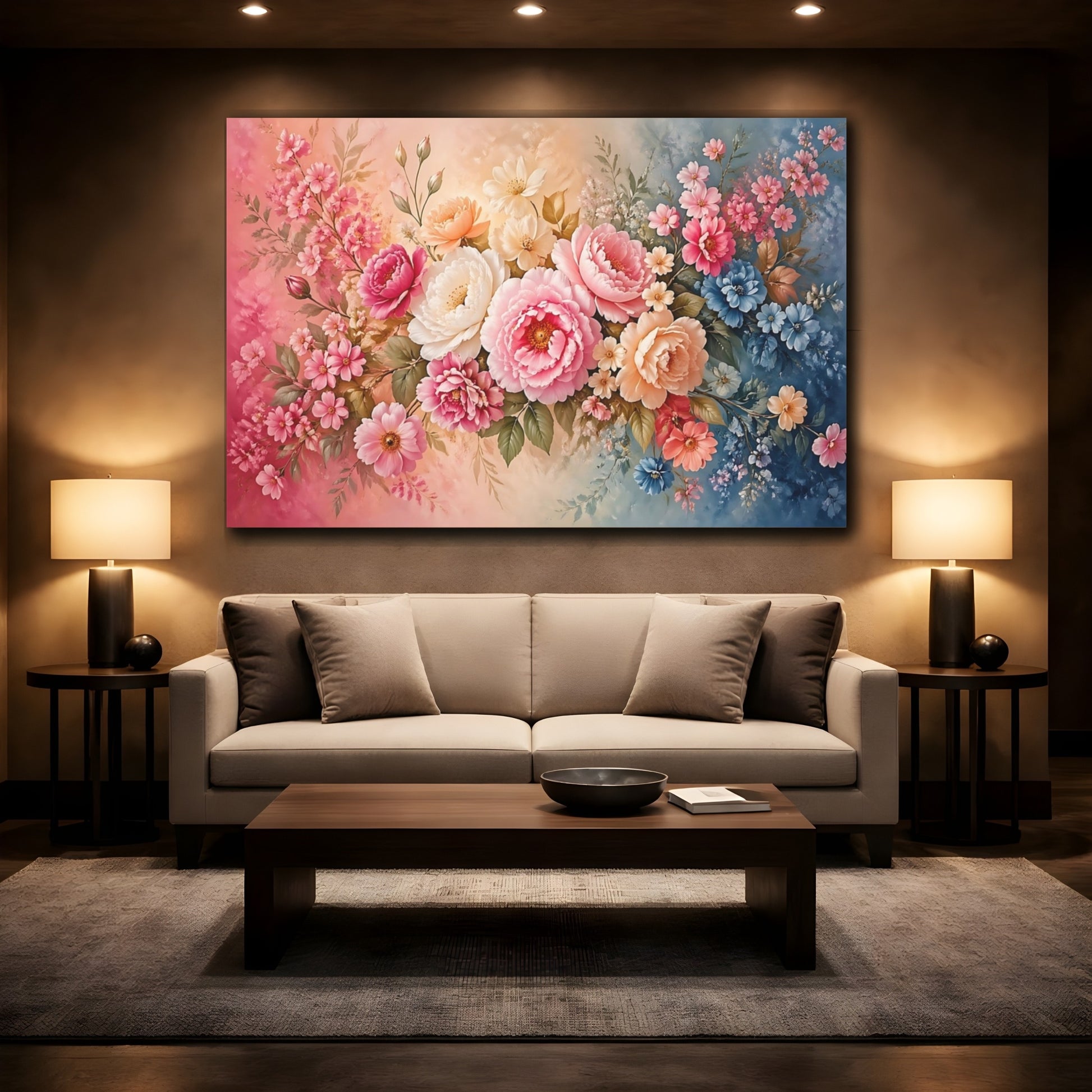 Mockup 2. Floral Assorted Flowers Pink And Blue Floral shown as stretched canvas wall art