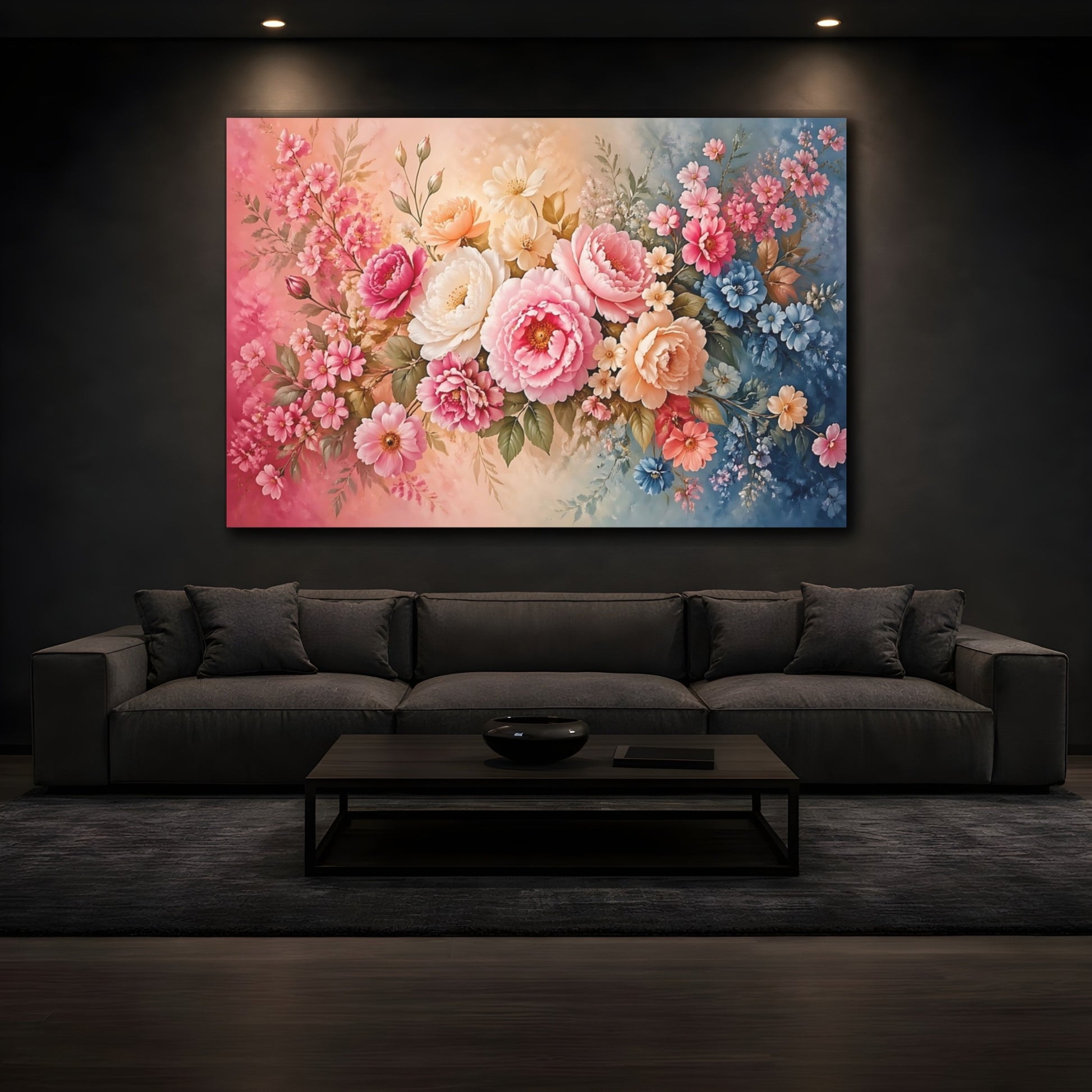 Mockup 3. Floral Assorted Flowers Pink And Blue Floral shown as stretched canvas wall art