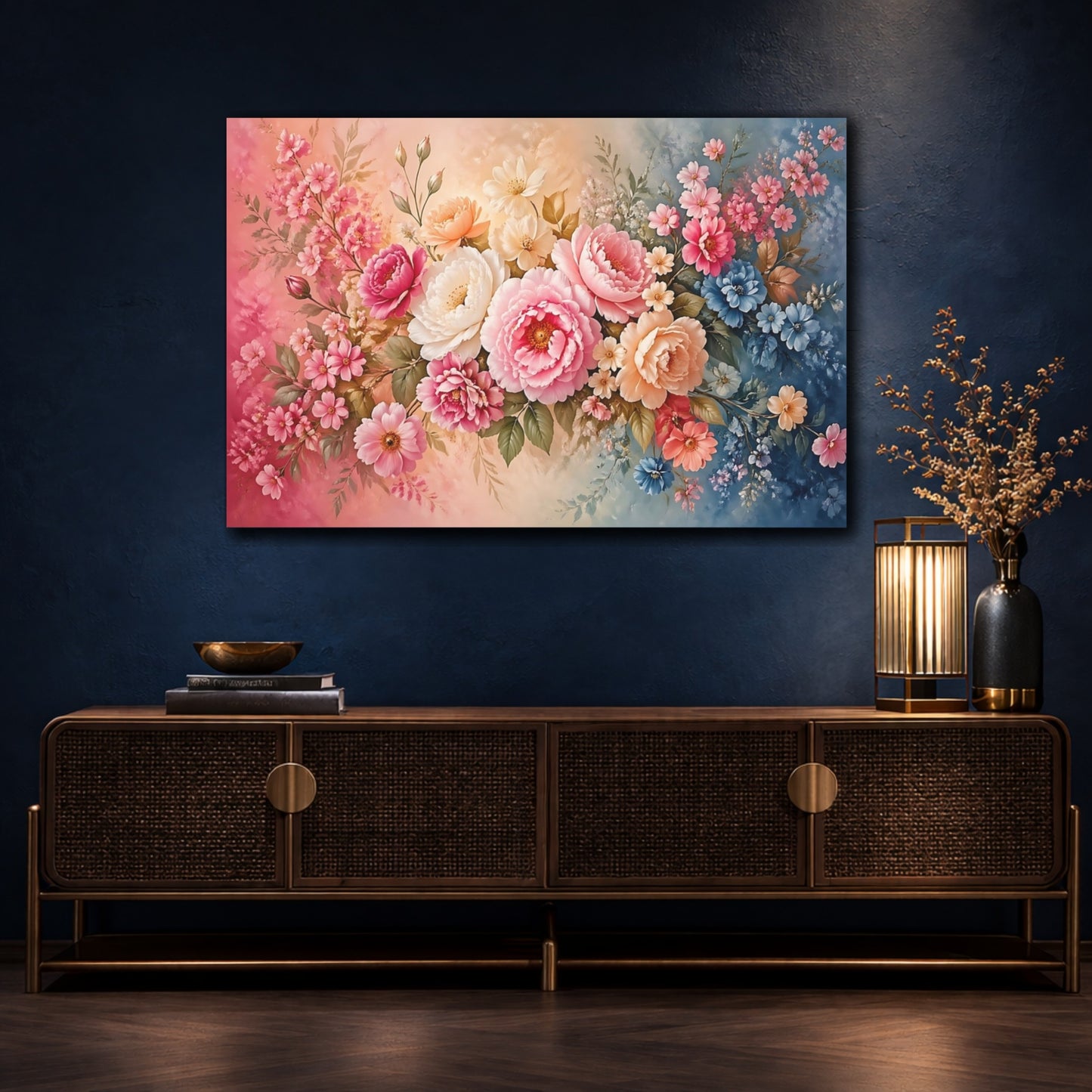 Mockup 4. Floral Assorted Flowers Pink And Blue Floral shown as stretched canvas wall art