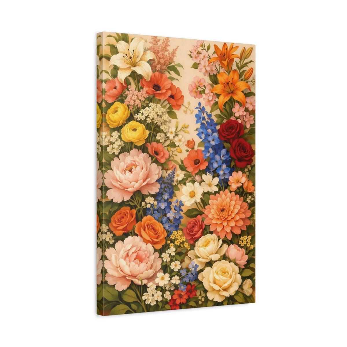 Side Mockup 3. Floral Assorted Flowers Vibrant Floral shown as stretched canvas wall art