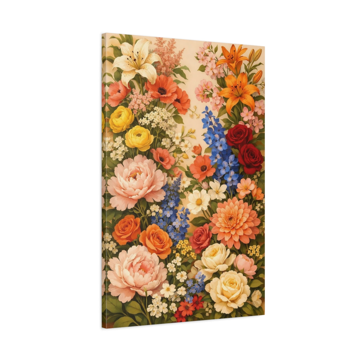 Side Mockup 1. Floral Assorted Flowers Vibrant Floral shown as stretched canvas wall art