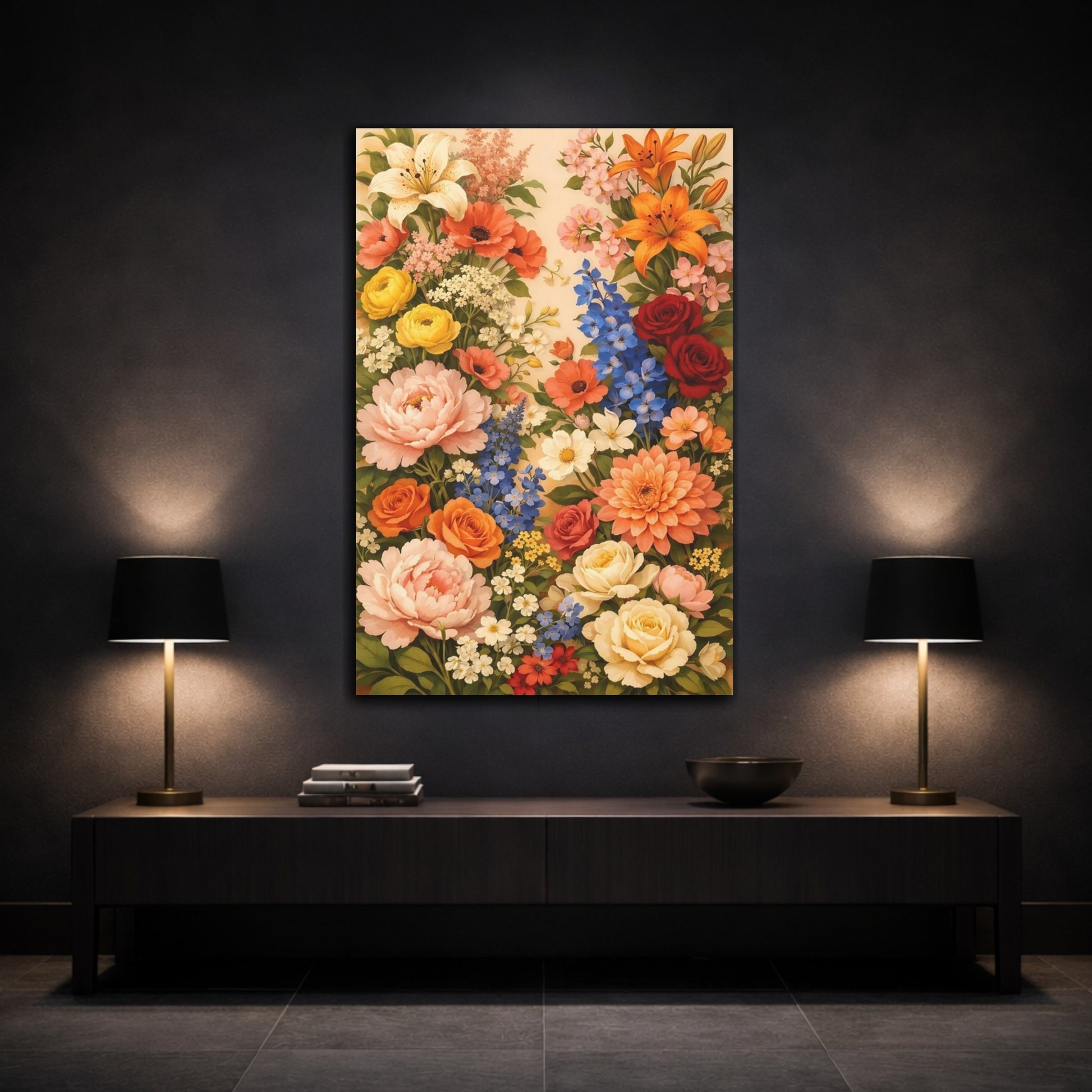 Mockup 2. Floral Assorted Flowers Vibrant Floral shown as stretched canvas wall art