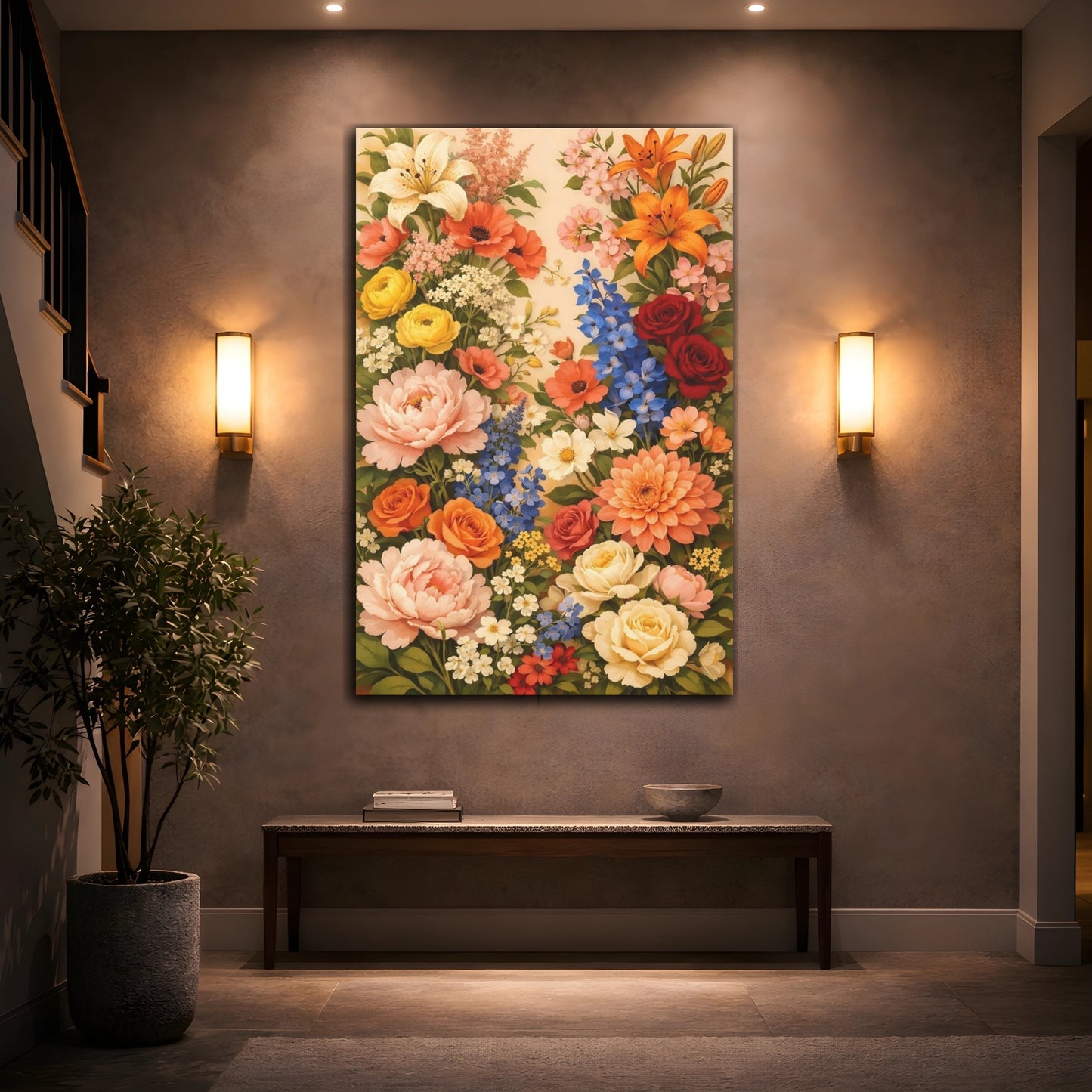 Mockup 3. Floral Assorted Flowers Vibrant Floral shown as stretched canvas wall art