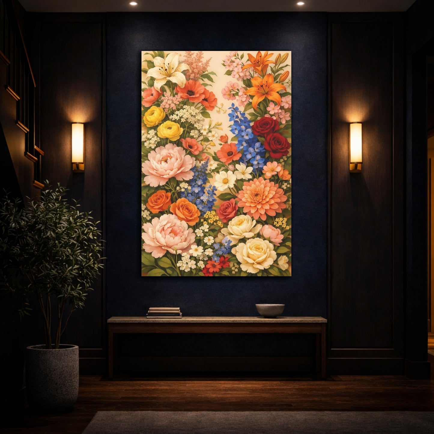 Mockup 4. Floral Assorted Flowers Vibrant Floral shown as stretched canvas wall art