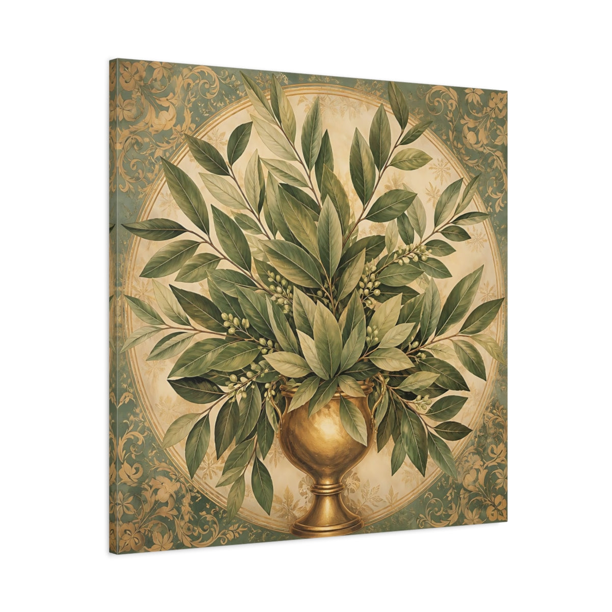 Main Mockup. Floral Bay Leaves Green And Gold shown as stretched canvas wall art