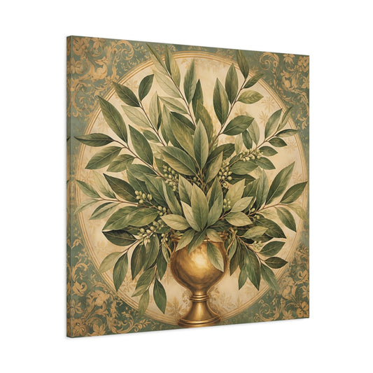 Main Mockup. Floral Bay Leaves Green And Gold shown as stretched canvas wall art