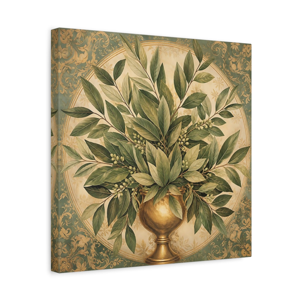 Side Mockup 6. Floral Bay Leaves Green And Gold shown as stretched canvas wall art