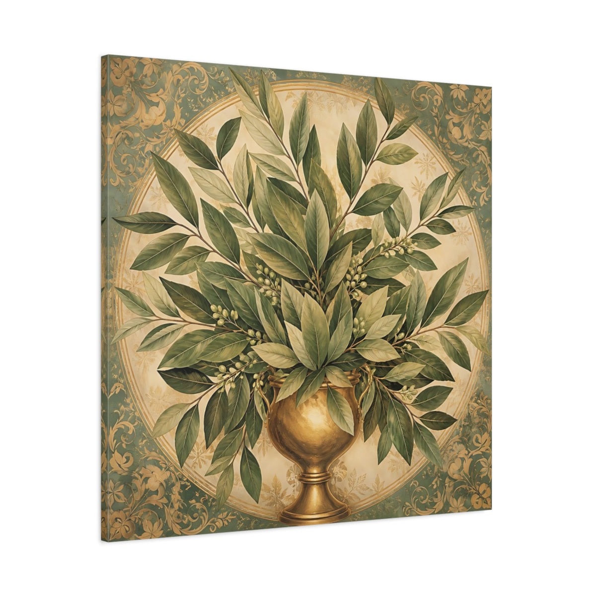 Side Mockup 1. Floral Bay Leaves Green And Gold shown as stretched canvas wall art