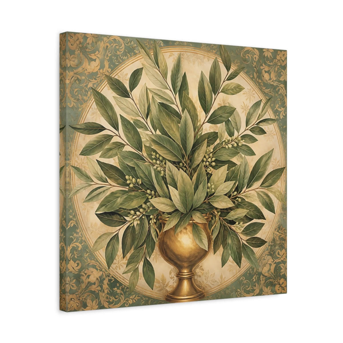Side Mockup 5. Floral Bay Leaves Green And Gold shown as stretched canvas wall art
