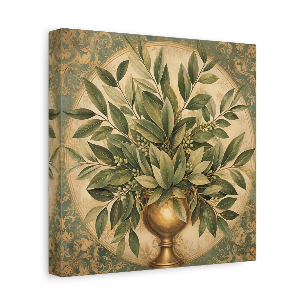 Side Mockup 9. Floral Bay Leaves Green And Gold shown as stretched canvas wall art