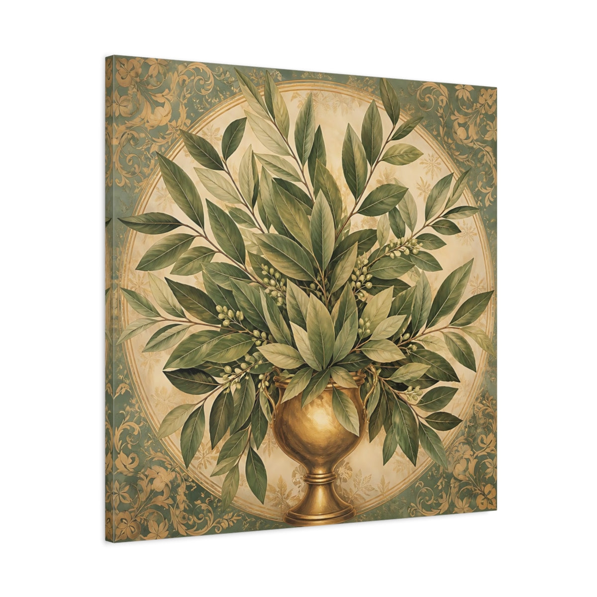 Side Mockup 3. Floral Bay Leaves Green And Gold shown as stretched canvas wall art