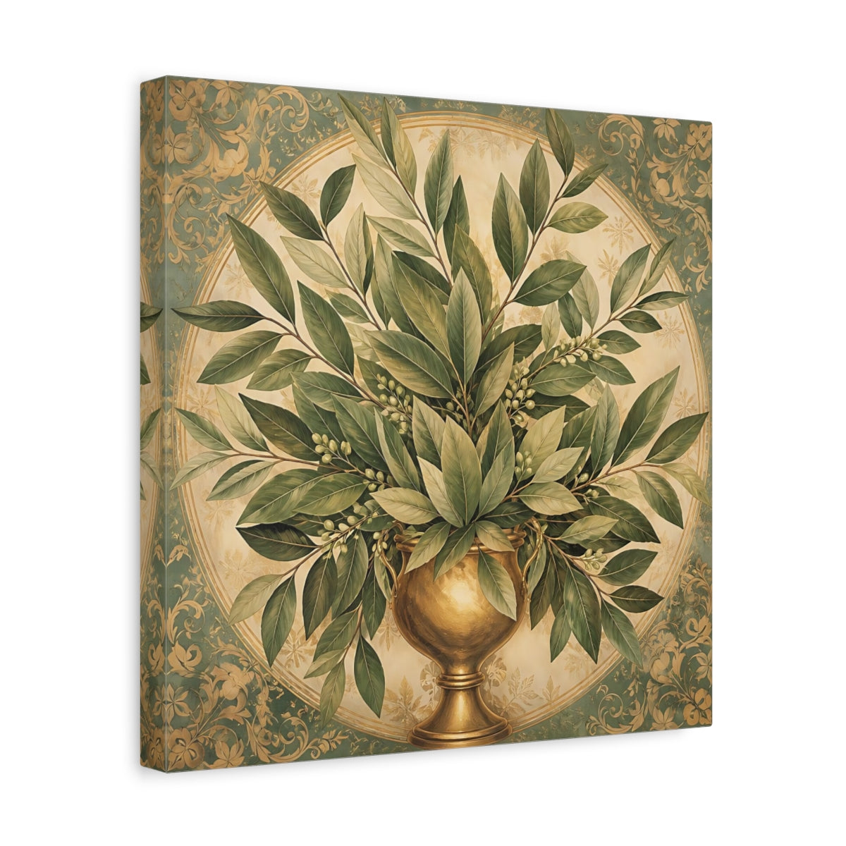 Side Mockup 7. Floral Bay Leaves Green And Gold shown as stretched canvas wall art