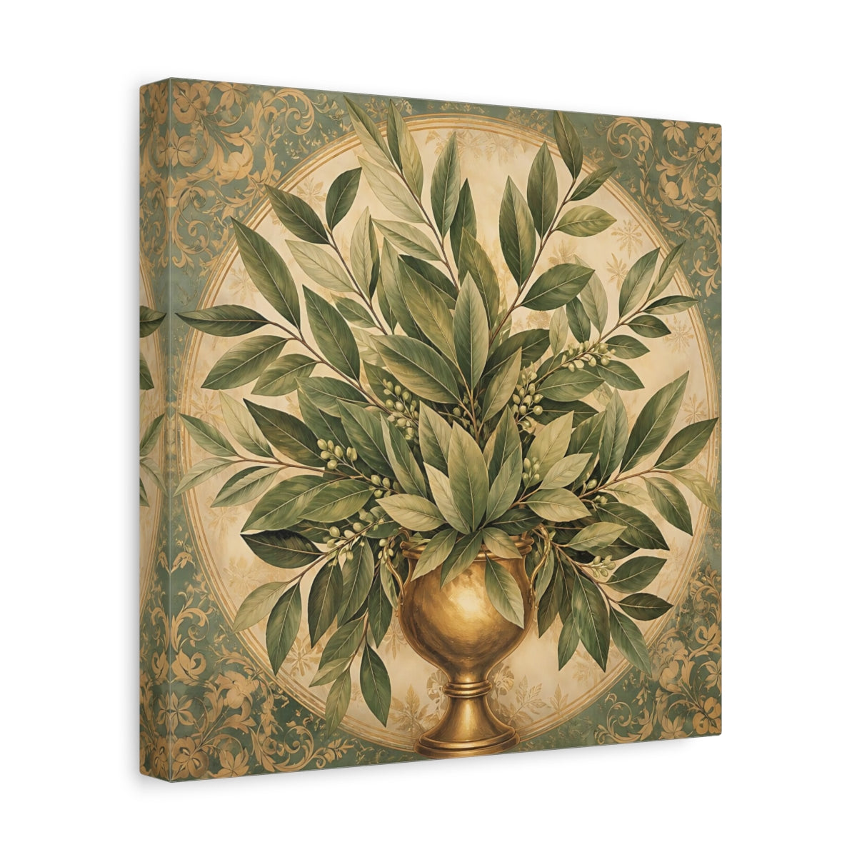 Side Mockup 8. Floral Bay Leaves Green And Gold shown as stretched canvas wall art