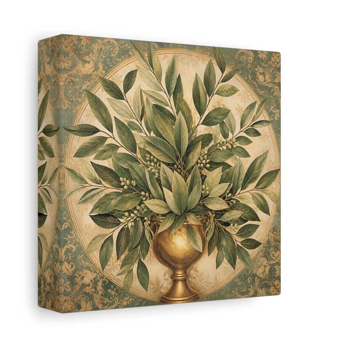 Side Mockup 2. Floral Bay Leaves Green And Gold shown as stretched canvas wall art