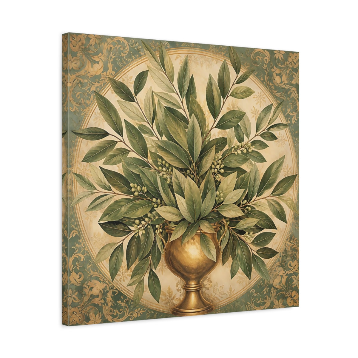 Side Mockup 4. Floral Bay Leaves Green And Gold shown as stretched canvas wall art