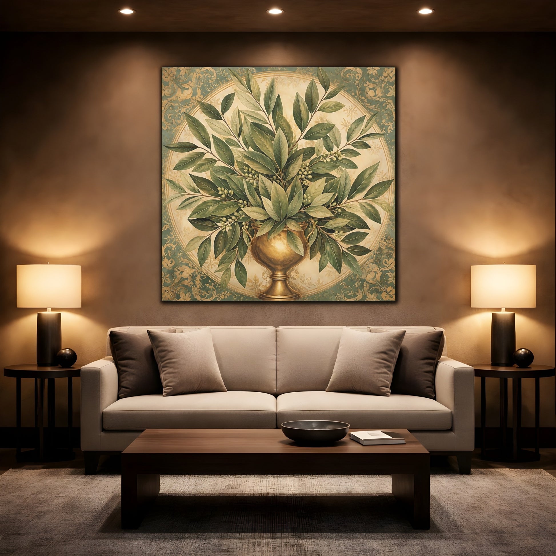 Mockup 2. Floral Bay Leaves Green And Gold shown as stretched canvas wall art