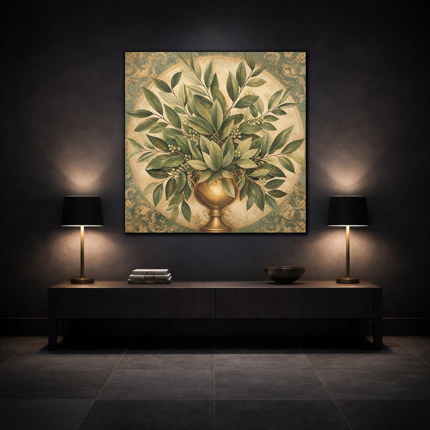 Mockup 3. Floral Bay Leaves Green And Gold shown as stretched canvas wall art