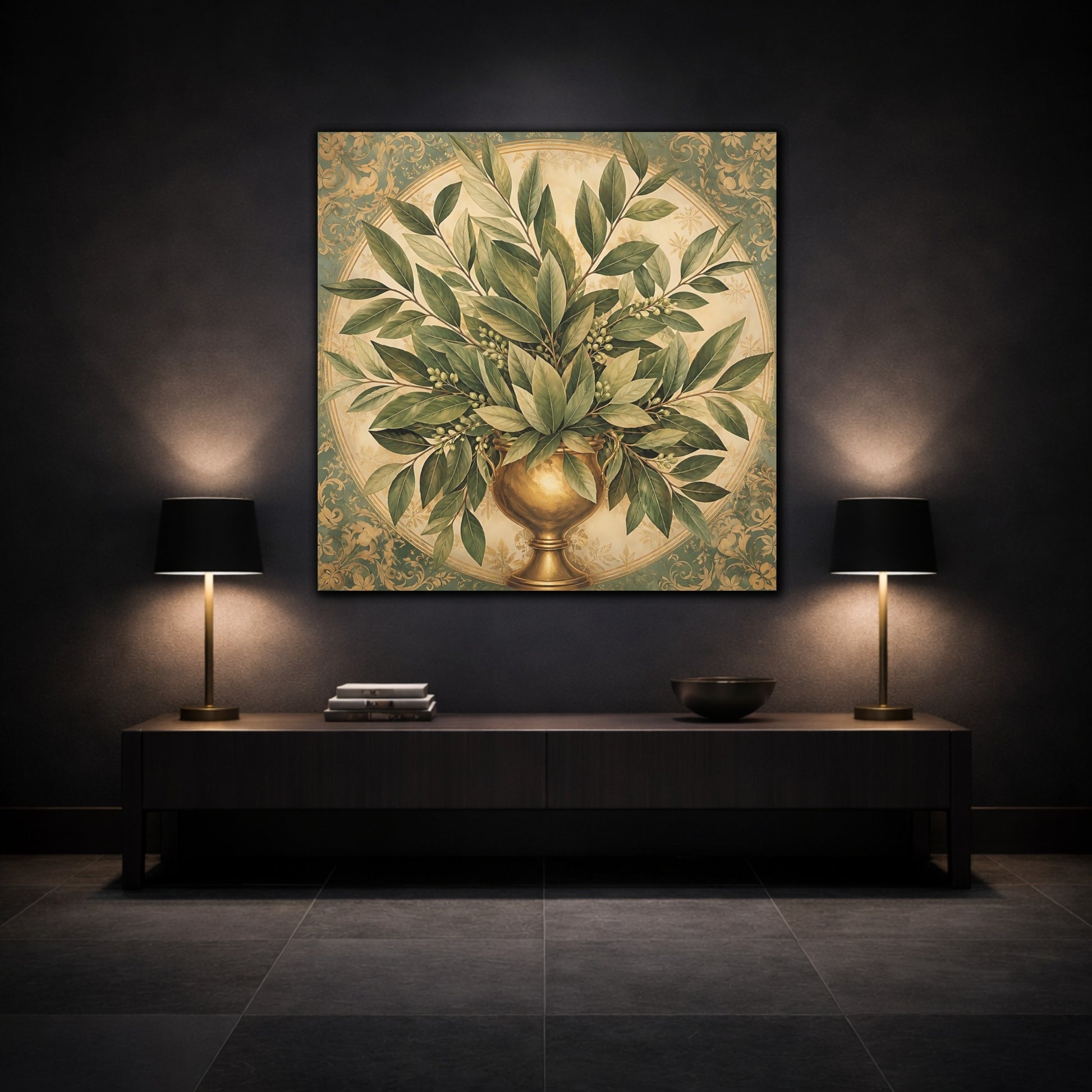 Mockup 3. Floral Bay Leaves Green And Gold shown as stretched canvas wall art