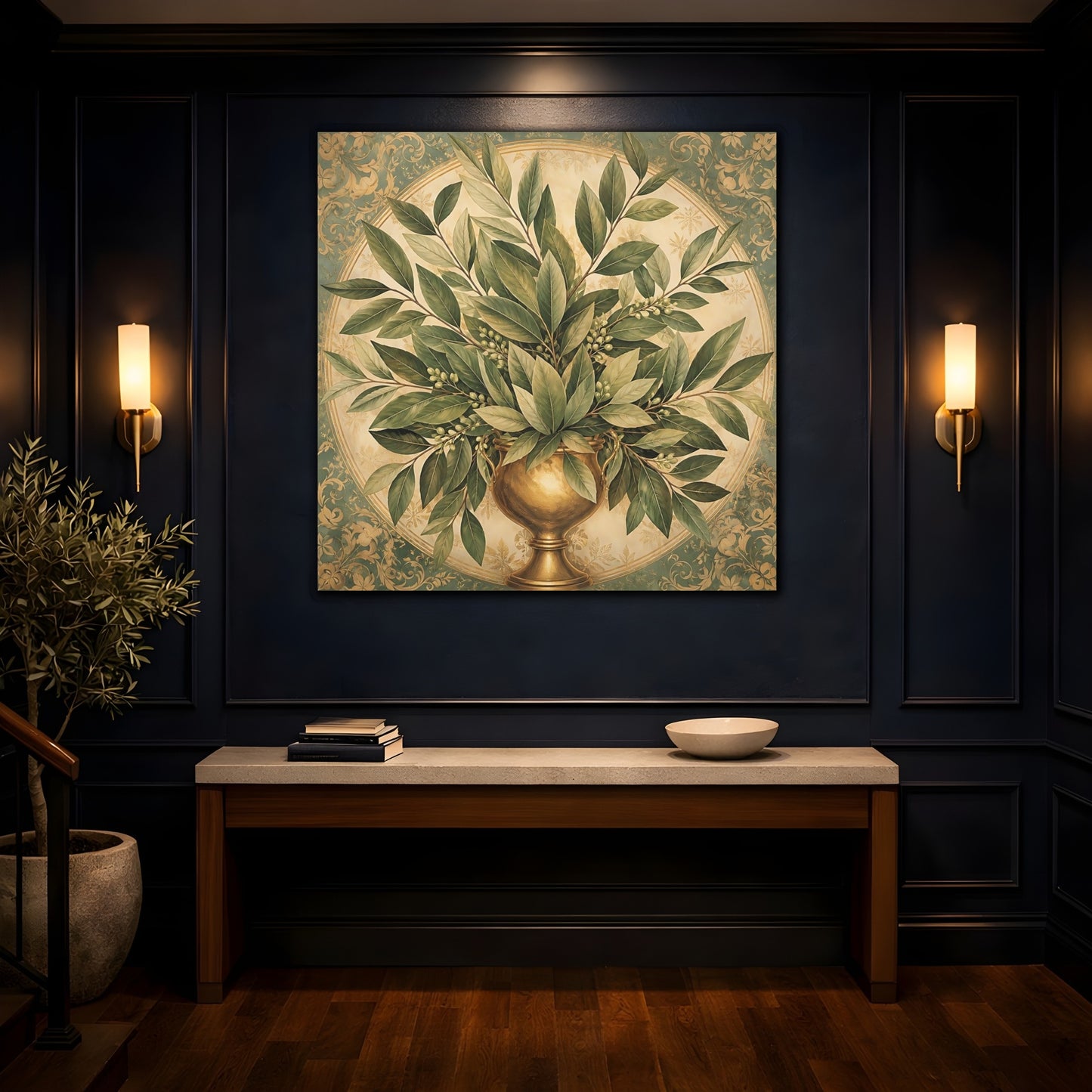 Mockup 4. Floral Bay Leaves Green And Gold shown as stretched canvas wall art