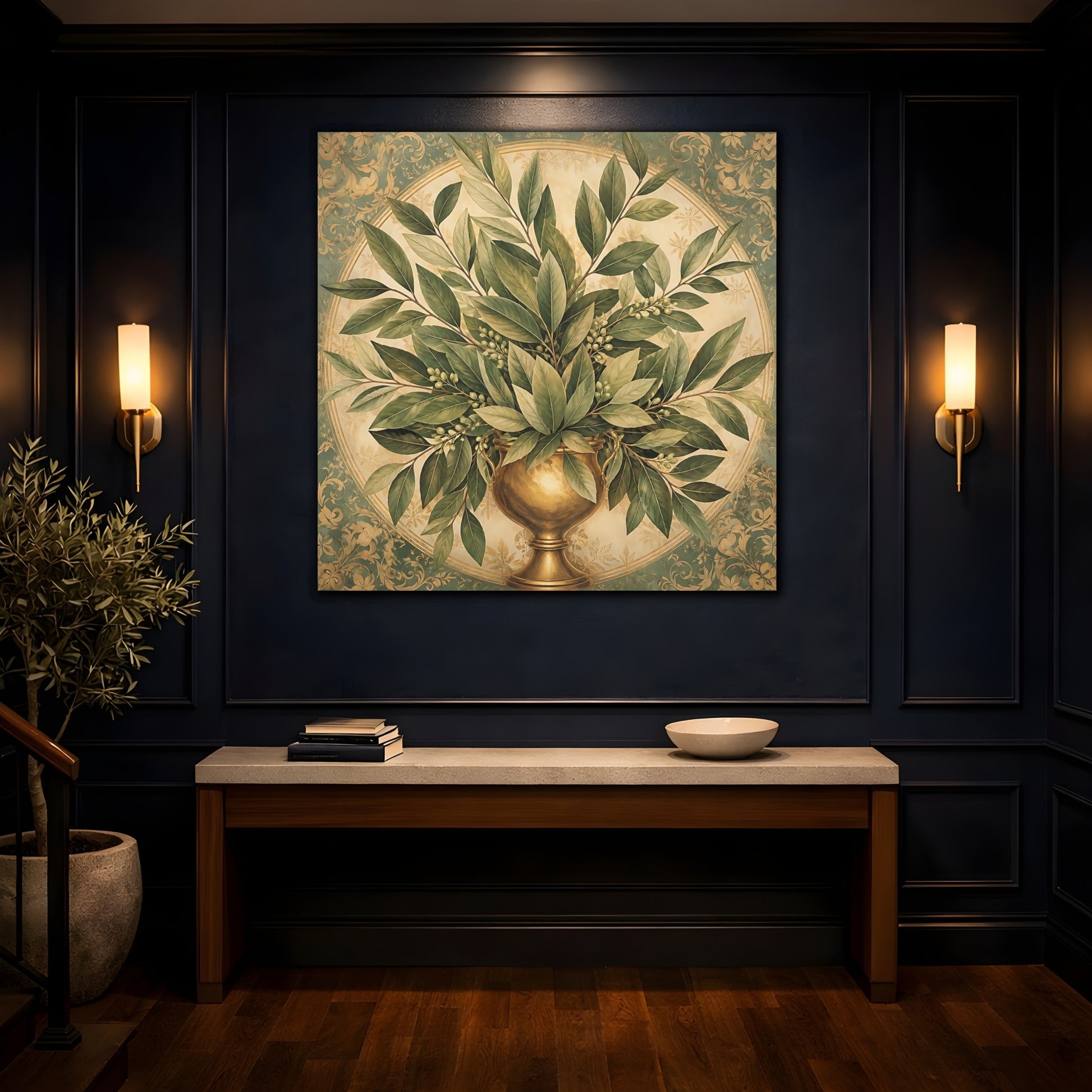 Mockup 4. Floral Bay Leaves Green And Gold shown as stretched canvas wall art