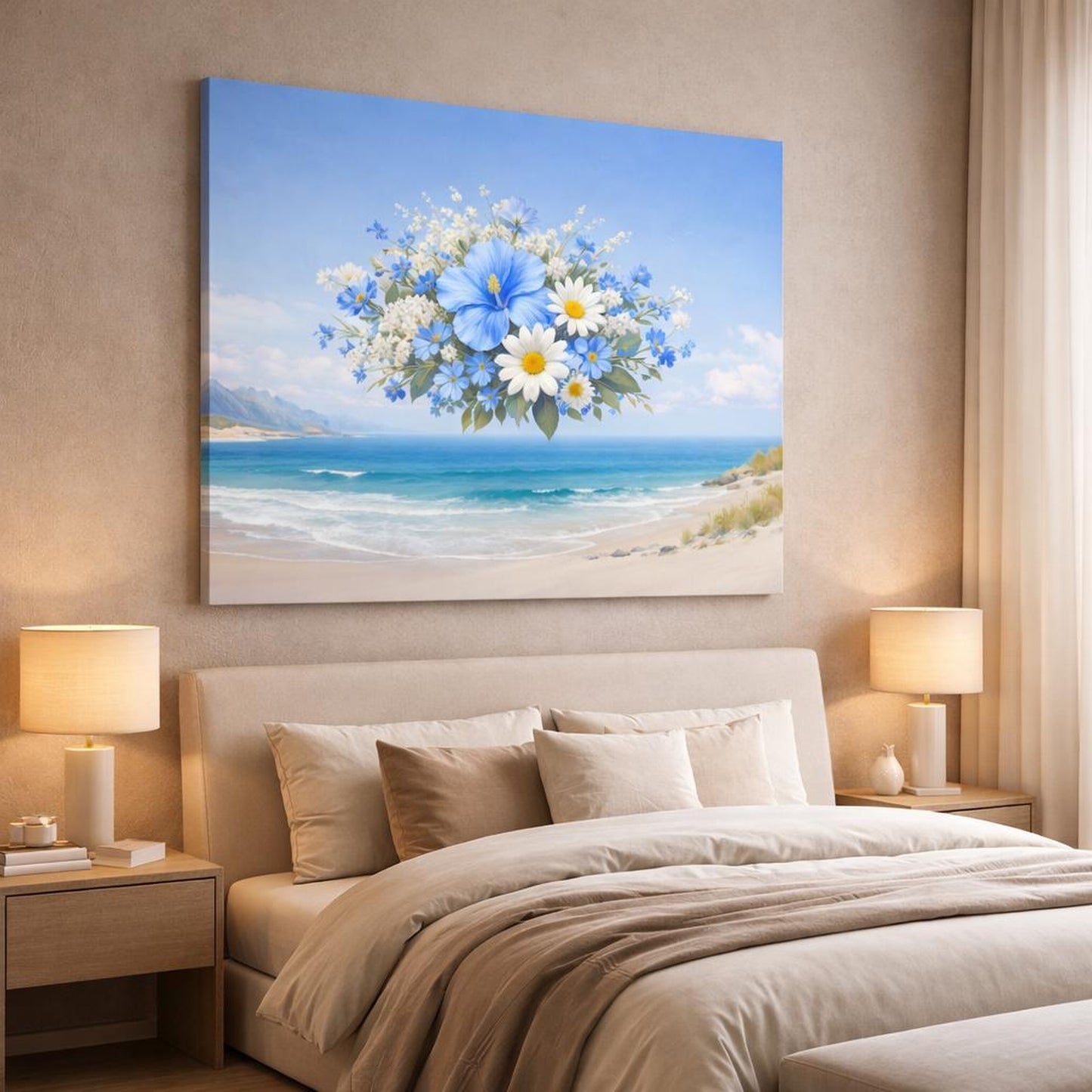 Floral Beach Blue shown as canvas wall art in a luxury bedroom