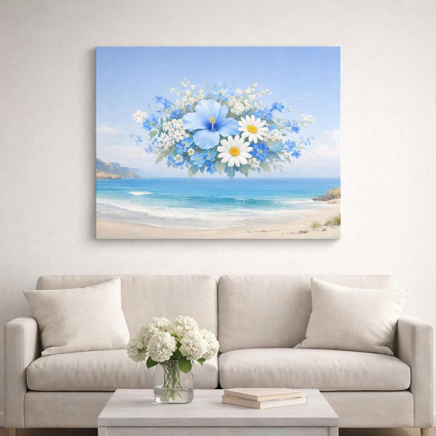 Floral Beach Blue shown as canvas wall art in a refined dining room