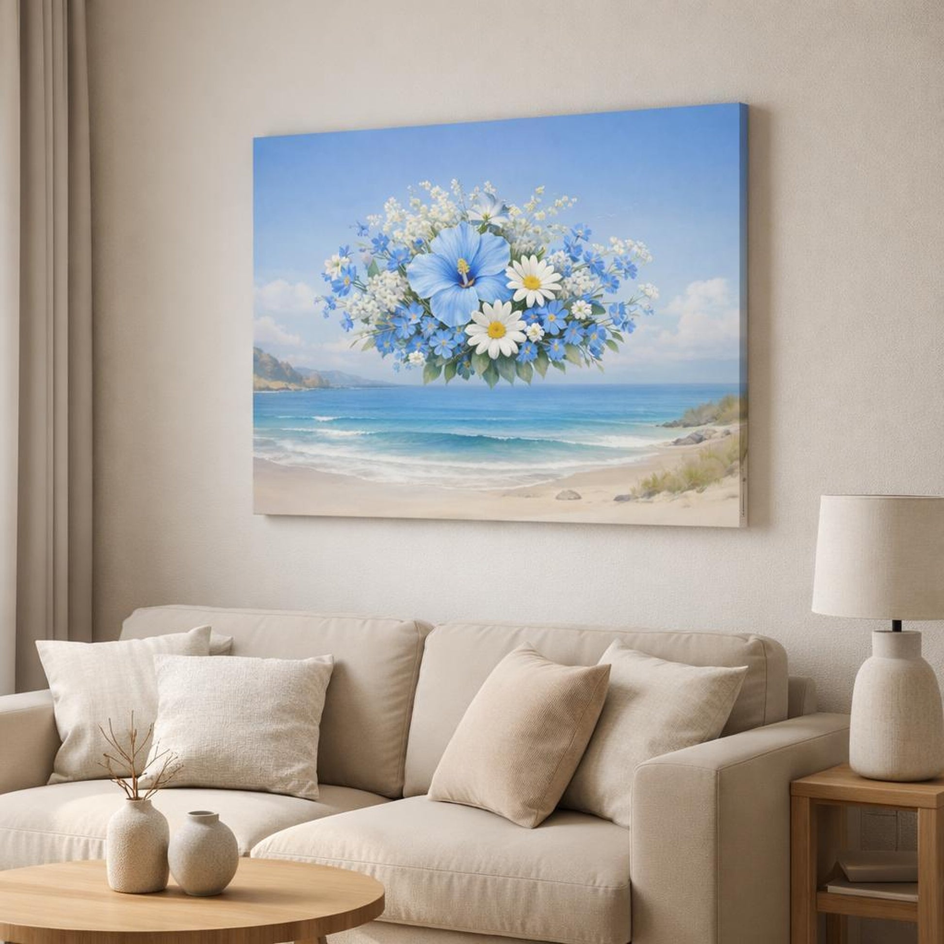 Floral Beach Blue shown as canvas wall art in a modern living room