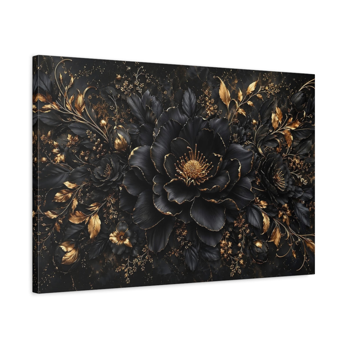Side Mockup 2. Floral Black Flower Black And Gold Floral shown as stretched canvas wall art