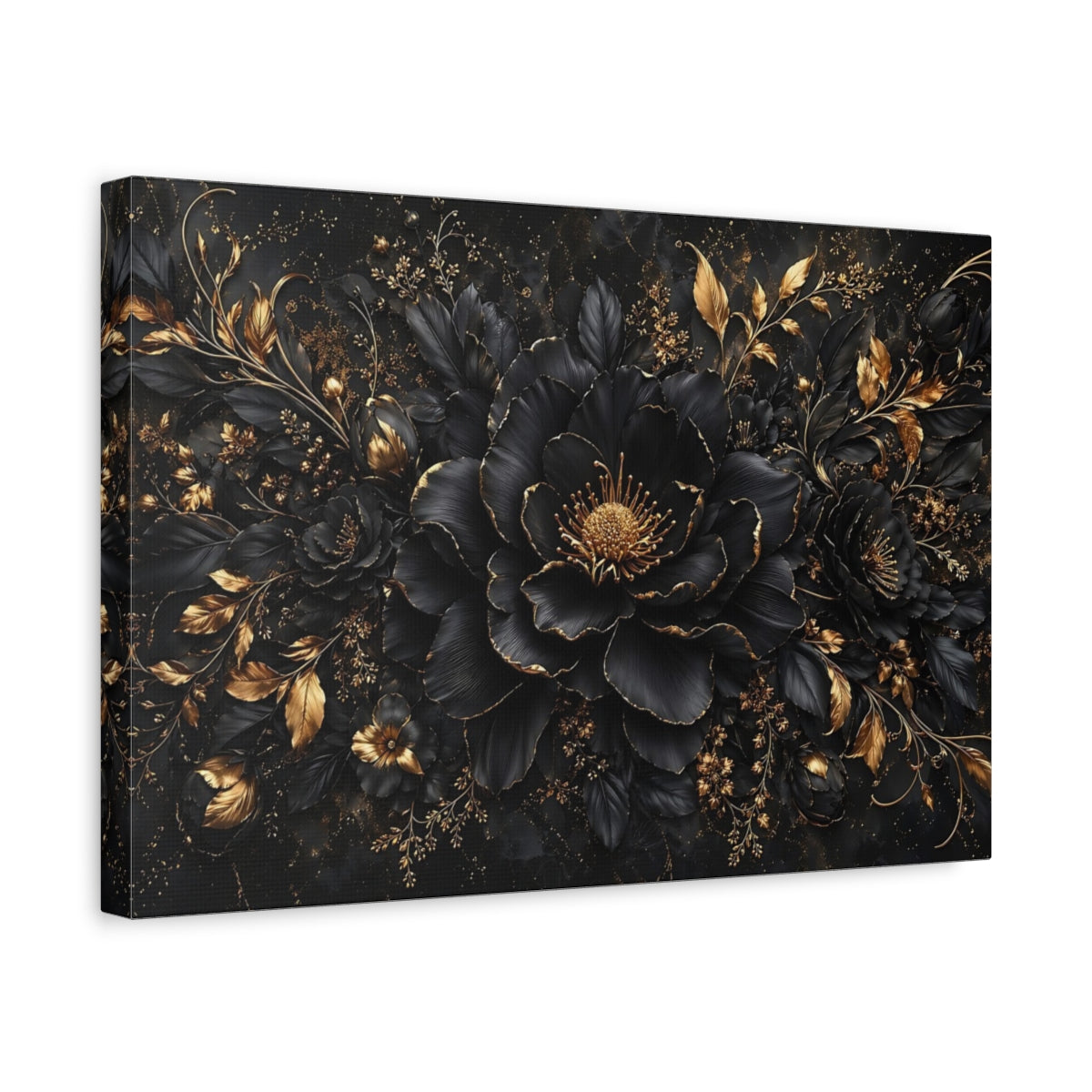 Side Mockup 4. Floral Black Flower Black And Gold Floral shown as stretched canvas wall art