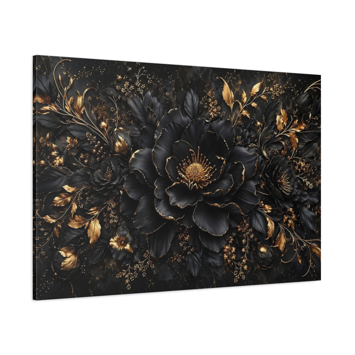 Side Mockup 1. Floral Black Flower Black And Gold Floral shown as stretched canvas wall art