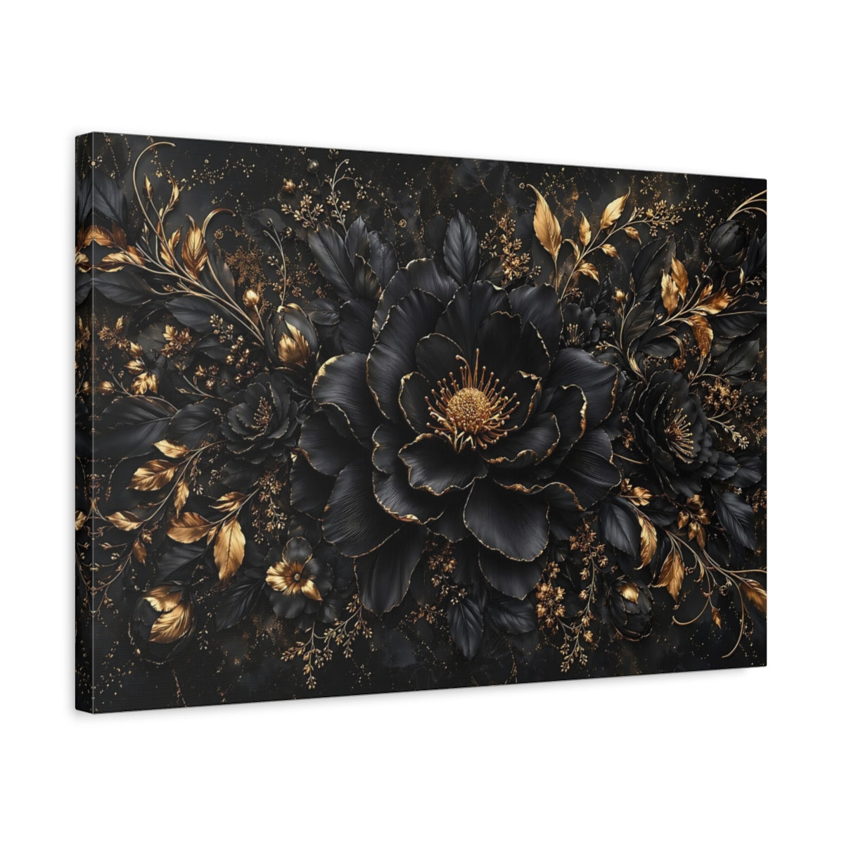 Side Mockup 3. Floral Black Flower Black And Gold Floral shown as stretched canvas wall art