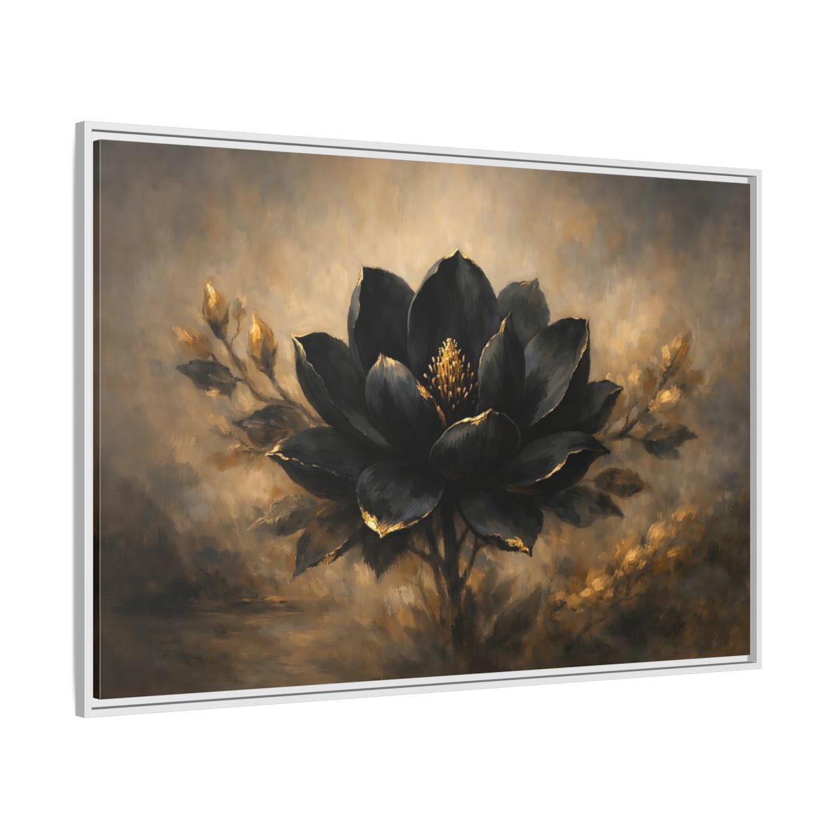 Side Mockup 7. Floral Black Flower Black And Gold shown as stretched canvas wall art