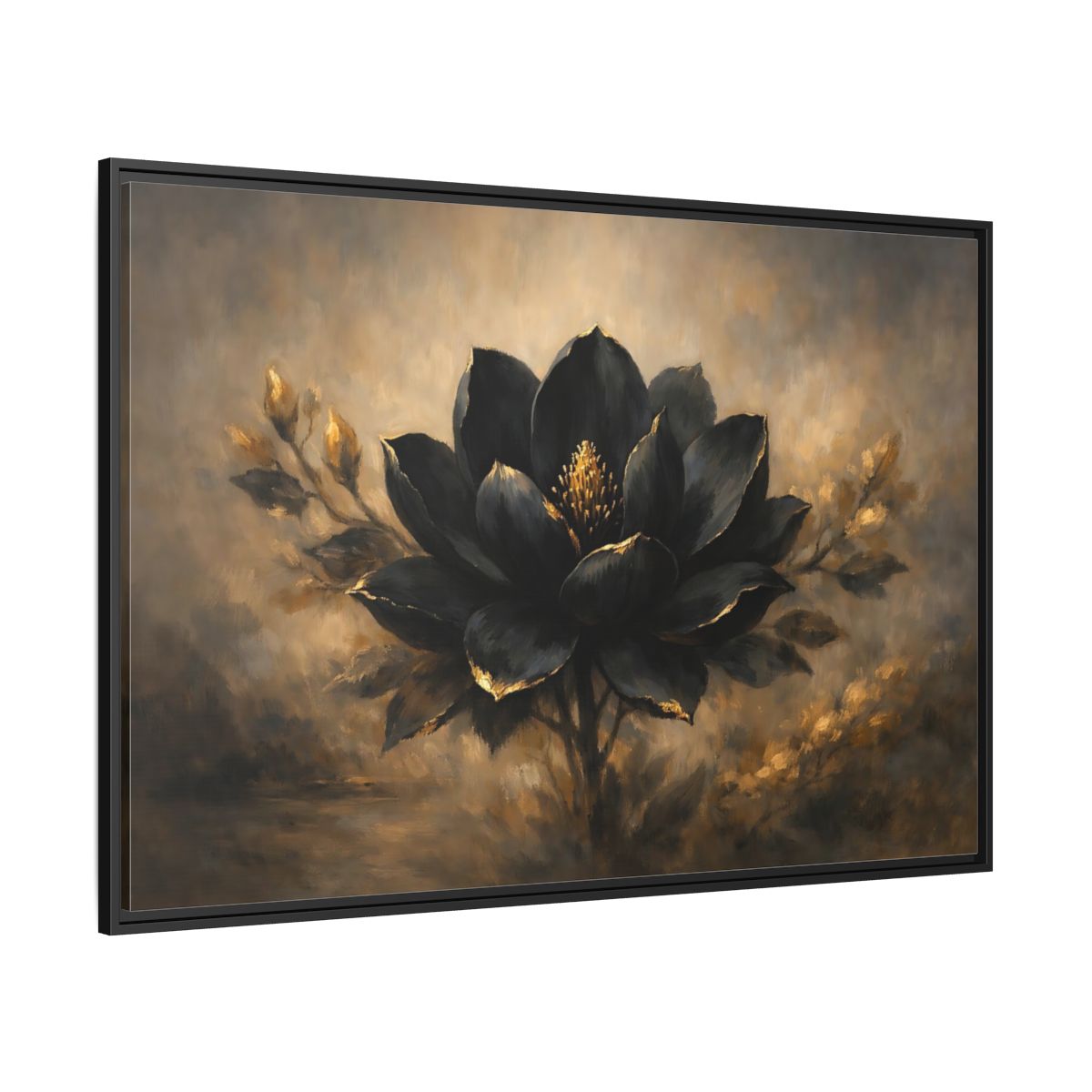 Side Mockup 12. Floral Black Flower Black And Gold shown as stretched canvas wall art