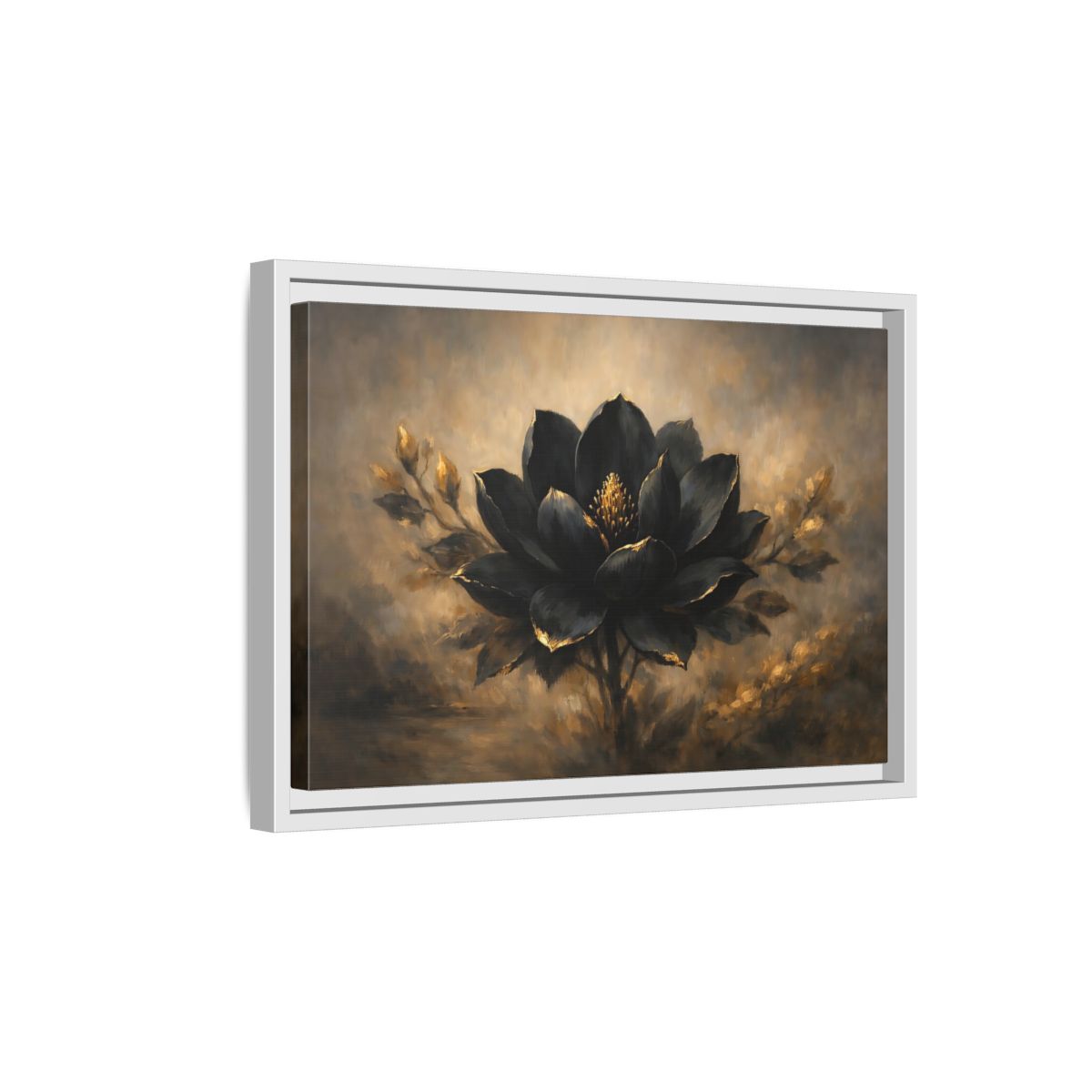 Side Mockup 4. Floral Black Flower Black And Gold shown as stretched canvas wall art