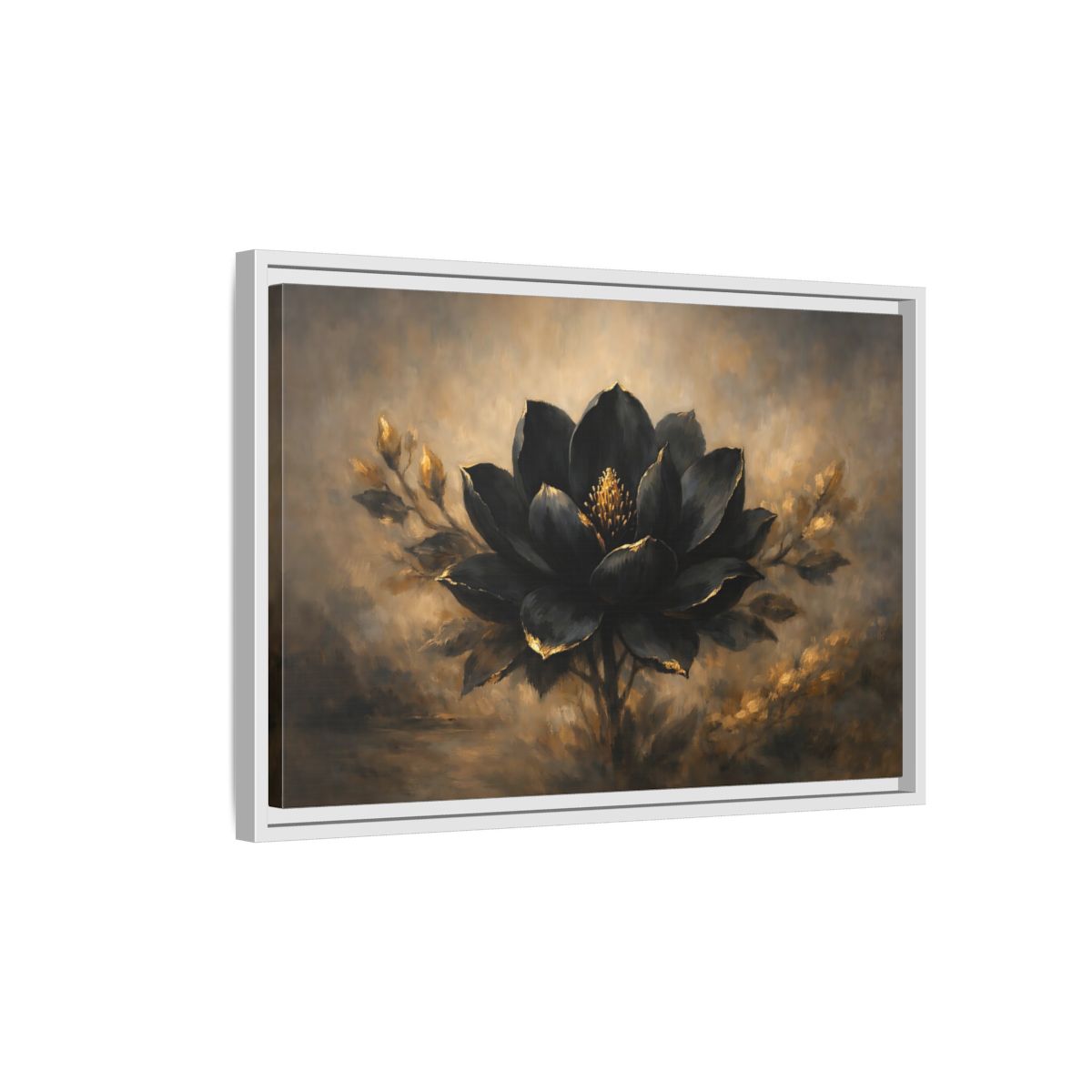 Side Mockup 1. Floral Black Flower Black And Gold shown as stretched canvas wall art