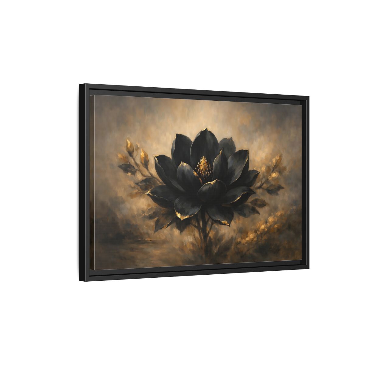 Side Mockup 3. Floral Black Flower Black And Gold shown as stretched canvas wall art